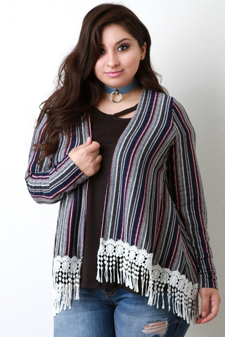 Multi-Stripe Rib Knit Crochet Trim Hem Cardigan