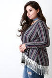 Multi-Stripe Rib Knit Crochet Trim Hem Cardigan