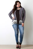 Multi-Stripe Rib Knit Crochet Trim Hem Cardigan