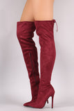 Suede Drawstring-Tie Pointy Toe Stiletto Boots