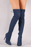 Denim Drawstring-Tie Pointy Toe Stiletto Boots