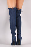 Denim Drawstring-Tie Pointy Toe Stiletto Boots