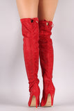 Rhinestone Pointy Toe Drawstring-Tie Stiletto Over-The-Knee Boots