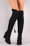 Suede Back Tassel Corset Lace Up Chunky Heeled Over-The-Knee Boots