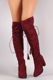 Suede Back Tassel Corset Lace Up Chunky Heeled Over-The-Knee Boots