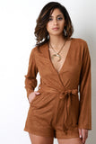 Suede Surplice V-Neck Self-Tie Waist Pocketed Romper