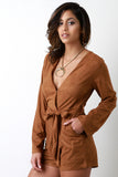 Suede Surplice V-Neck Self-Tie Waist Pocketed Romper