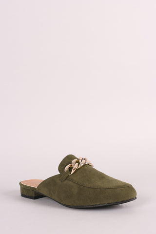 Chained Suede Almond Toe Mule Loafer Flat