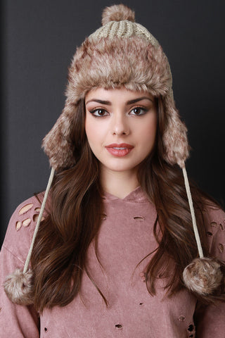 Faux Fur Pom Pom Ear Flap Beanie