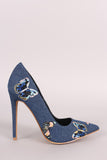 Shoe Republic LA Denim Embroidered Butterfly Stiletto Pump