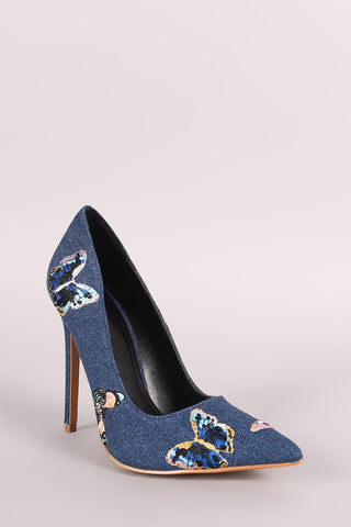 Shoe Republic LA Denim Embroidered Butterfly Stiletto Pump