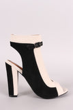 Shoe Republic LA Suede Two Tone Keyhole Chunky Mule Heel