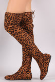 Leopard Suede Drawstring Fitted OTK Flat Boots