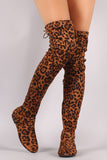 Leopard Suede Drawstring Fitted OTK Flat Boots