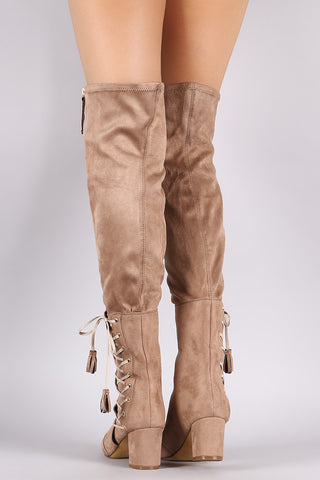 Suede Zipper Corset Lace Up Block Heeled Over-The-Knee Boots