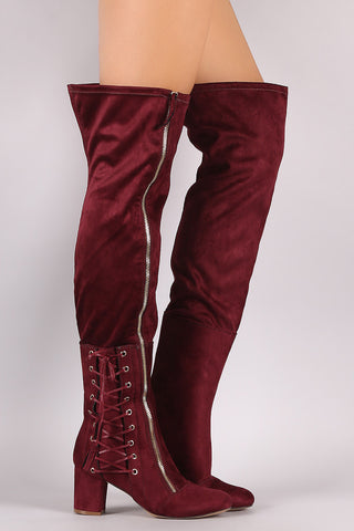 Suede Zipper Corset Lace Up Block Heeled Over-The-Knee Boots