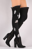 Destroyed Denim Pointy Toe Round Heeled Over-The-Knee Boots