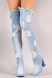 Destroyed Denim Pointy Toe Round Heeled Over-The-Knee Boots