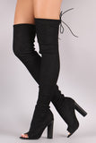 Drawstring Collar Heeled Over-The-Knee Fitted Denim Boots