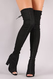 Drawstring Collar Heeled Over-The-Knee Fitted Denim Boots