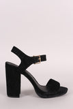 Qupid Embossed Velvet Ankle Strap Chunky Heel