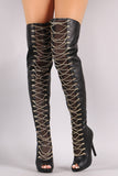 Chain Lace Up Fishnet Inset Stiletto Over-The-Knee Boots