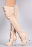 Chain Lace Up Fishnet Inset Stiletto Over-The-Knee Boots