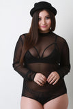 Semi-Sheer Mesh Mock Long Sleeve Bodysuit