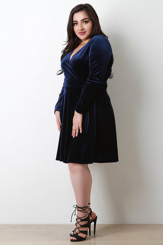 Plus Size Velvet Surplice Skater Dress