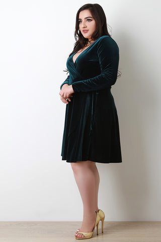 Plus Size Velvet Surplice Skater Dress